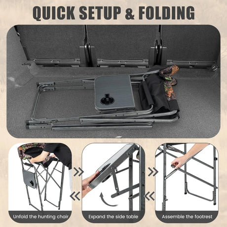 Folding Tall Hunting Chair with Side Table, Detachable Footrest, Cup Holder