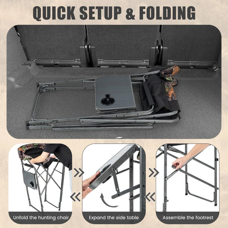 Folding Tall Hunting Chair with Side Table, Detachable Footrest, Cup Holder