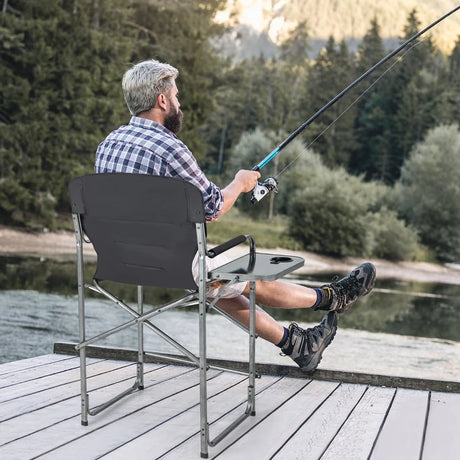 Folding Tall Hunting Chair with Side Table, Detachable Footrest, Cup Holder