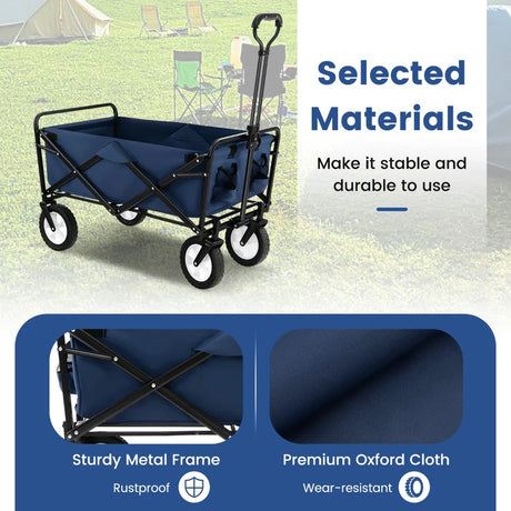 eavy Duty Camping Garden Cart with Adjustable Handle and Drink Holders-Navy