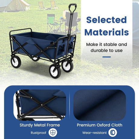 eavy Duty Camping Garden Cart with Adjustable Handle and Drink Holders-Navy