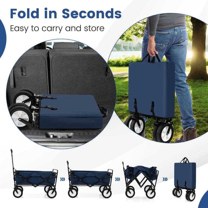eavy Duty Camping Garden Cart with Adjustable Handle and Drink Holders-Navy