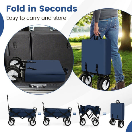eavy Duty Camping Garden Cart with Adjustable Handle and Drink Holders-Navy