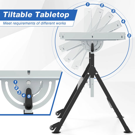 Folding Welding Table with 76 x 51 cm Tabletop and 2 Fixed Wheels-Black