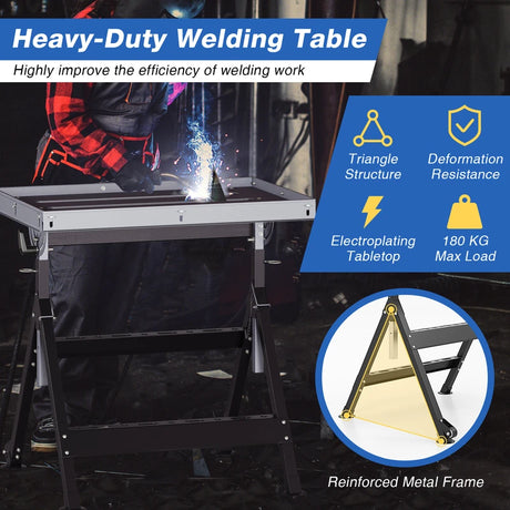 Folding Welding Table with 76 x 51 cm Tabletop and 2 Fixed Wheels-Black