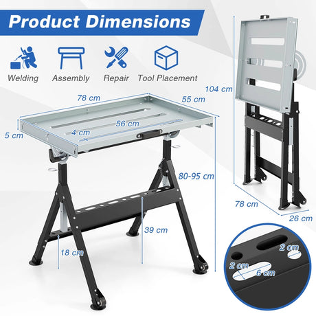 Folding Welding Table with 76 x 51 cm Tabletop and 2 Fixed Wheels-Black