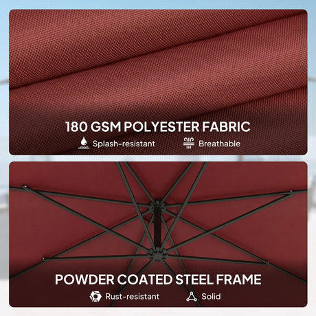 Outsunny 3 m Overhanging Cantilever Parasol, with Cross Base - Wine Red