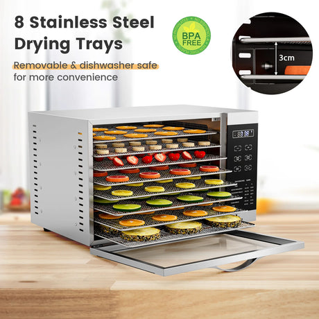 Food Dehydrator with 8 Detachable Mesh Trays and 24 H Timer-Silver