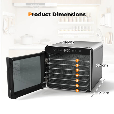 Food Dehydrator with 7 Stainless Steel Trays 1-24H Timer and 30-75C Temperature-Silver