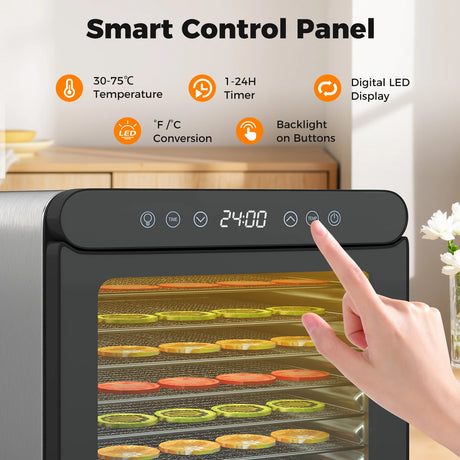 Food Dehydrator with 7 Stainless Steel Trays 1-24H Timer and 30-75C Temperature-Silver