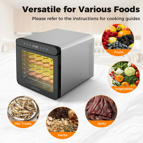 Food Dehydrator with 7 Stainless Steel Trays 1-24H Timer and 30-75C Temperature-Silver