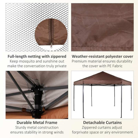 Outsunny 3.5m x 4m Hexagonal Pop Up Gazebo, Canopy Tent Sun Shelter for Patio Outdoor Party, Height Adjustable, with Mosquito Netting and Carry Bag - Brown