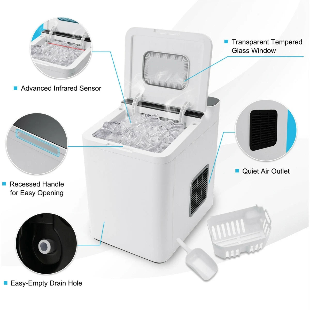15KG/24H Countertop Ice Making Machine with Auto Clean-White