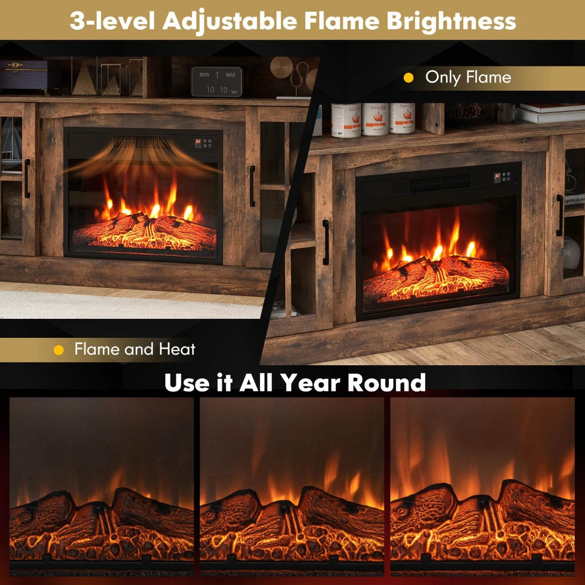 58 Inch Rustic Fireplace TV Stand with 2 Open Storage Compartments-Brown