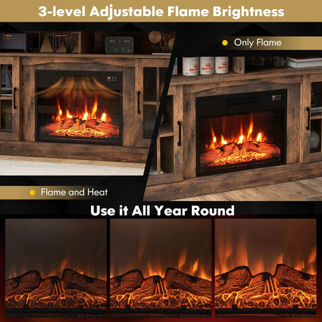 58 Inch Rustic Fireplace TV Stand with 2 Open Storage Compartments-Brown