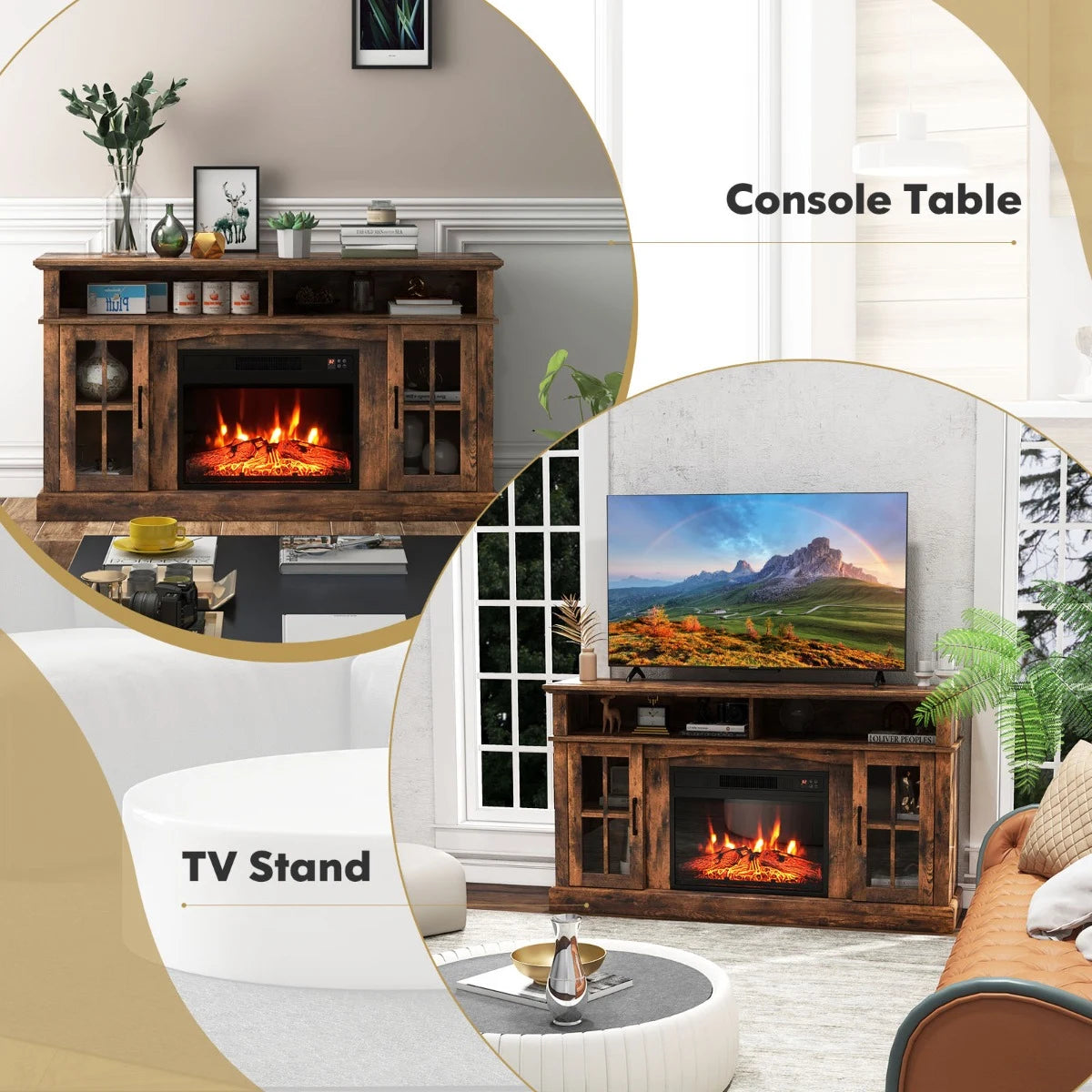 58 Inch Rustic Fireplace TV Stand with 2 Open Storage Compartments-Brown