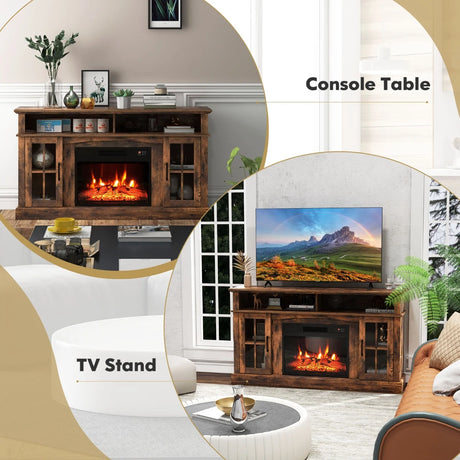 58 Inch Rustic Fireplace TV Stand with 2 Open Storage Compartments-Brown