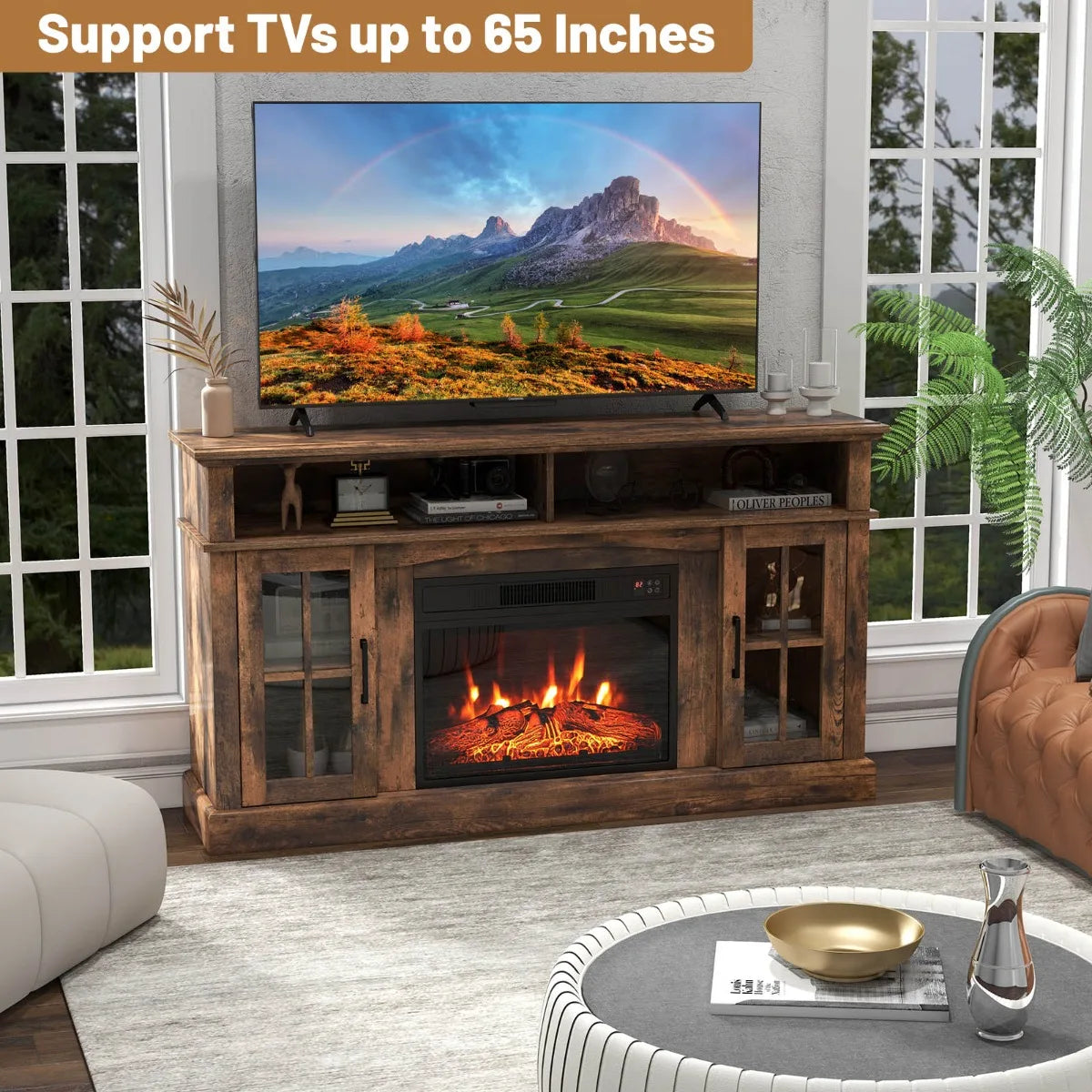 58 Inch Rustic Fireplace TV Stand with 2 Open Storage Compartments-Brown
