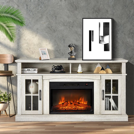 58 Inch Rustic Fireplace TV Stand with 2 Open Storage Compartments-Gray