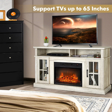 58 Inch Rustic Fireplace TV Stand with 2 Open Storage Compartments-Gray