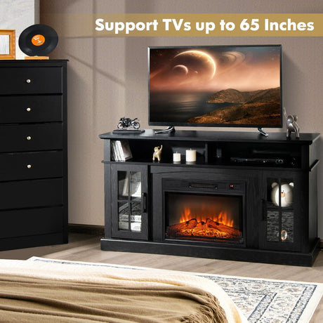 58 Inch Rustic Fireplace TV Stand with 2 Open Storage Compartments-Black