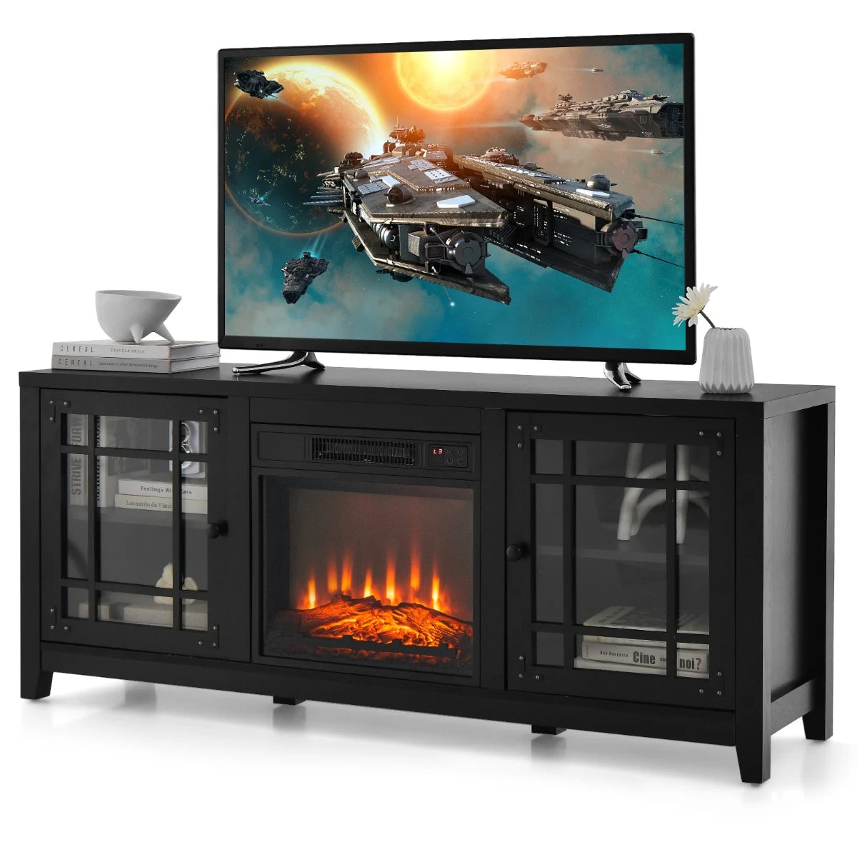148cm Storage TV Console with Fireplace Insert-Black