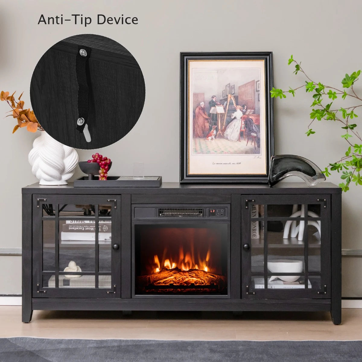 148cm Storage TV Console with Fireplace Insert-Black