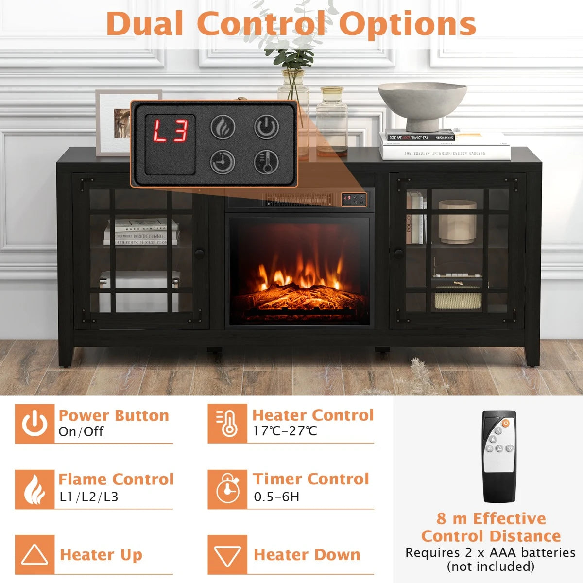 148cm Storage TV Console with Fireplace Insert-Black