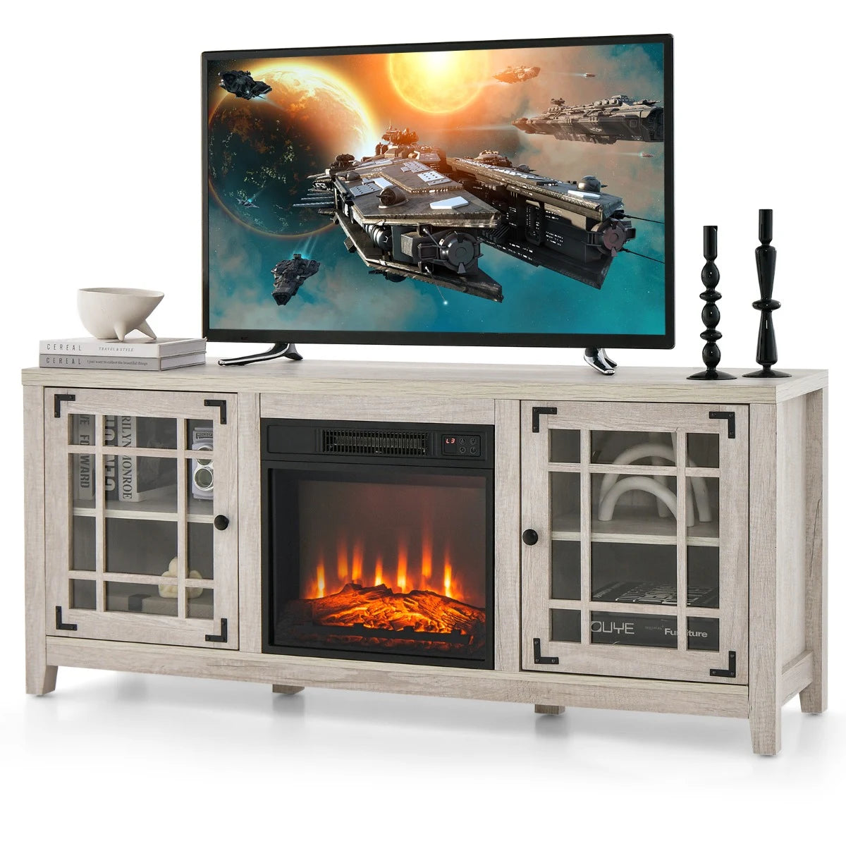 148cm Storage TV Console with Fireplace Insert-Natural