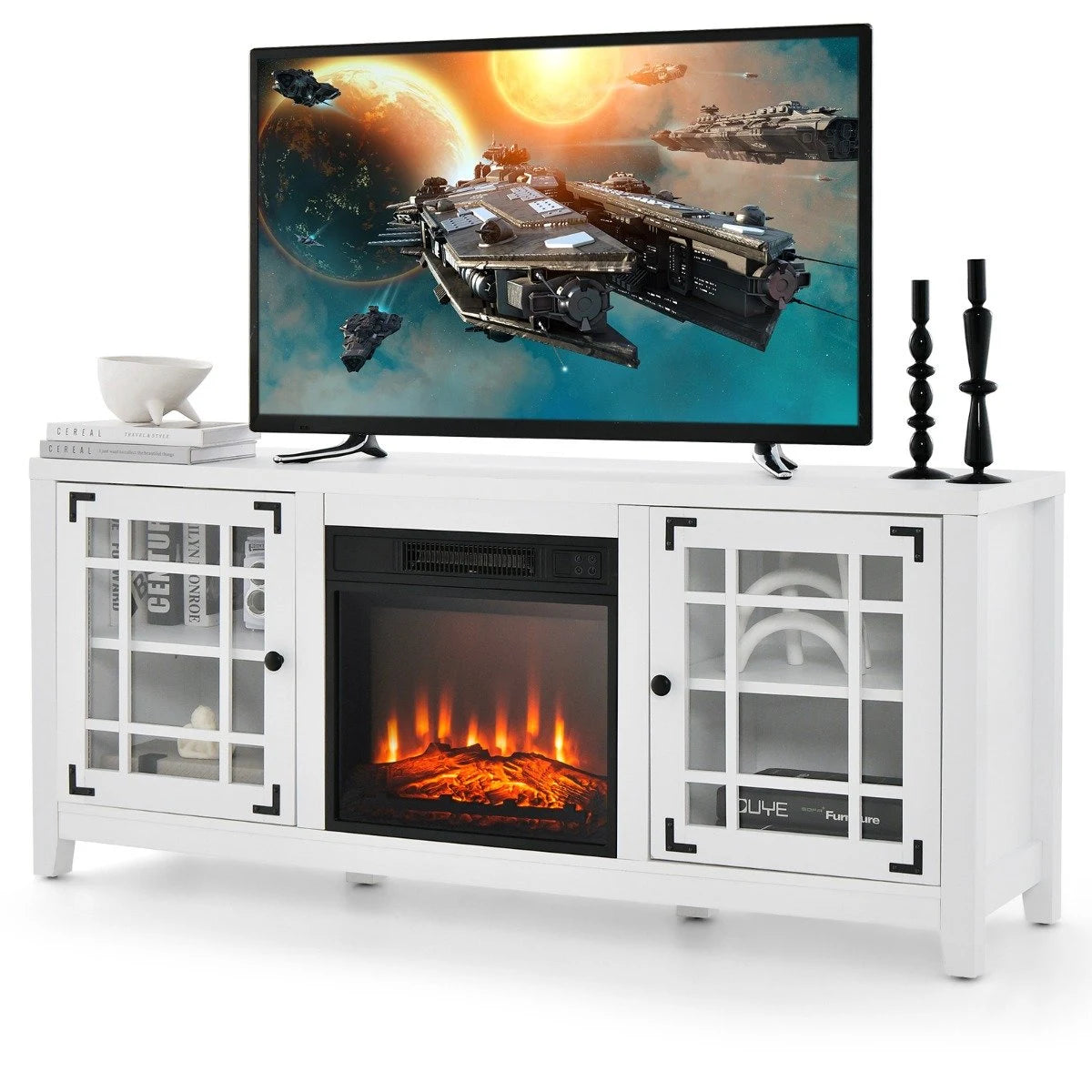 148cm Storage TV Console with Fireplace Insert-White