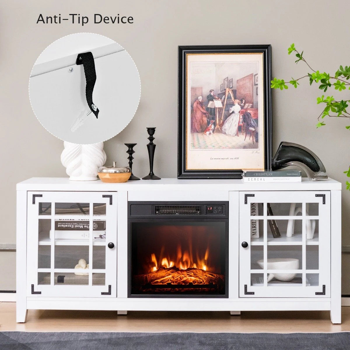 148cm Storage TV Console with Fireplace Insert-White
