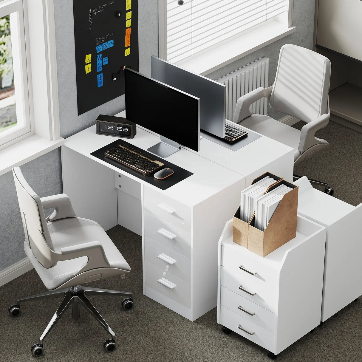 HOMCOM Computer Desk with Drawers, Dressing Table, High Gloss Home Office Writing Workstation, White