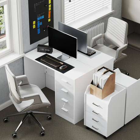 HOMCOM Computer Desk with Drawers, Dressing Table, High Gloss Home Office Writing Workstation, White