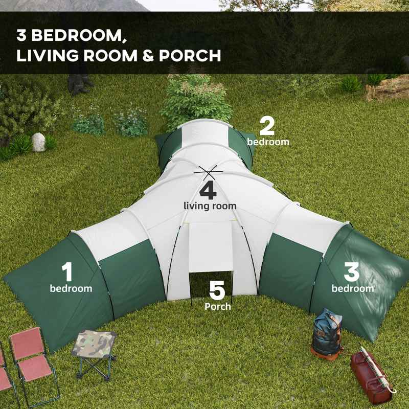 Outsunny 6-9 Man Tent with Bedrooms and Living Room, Accessories Included, Green