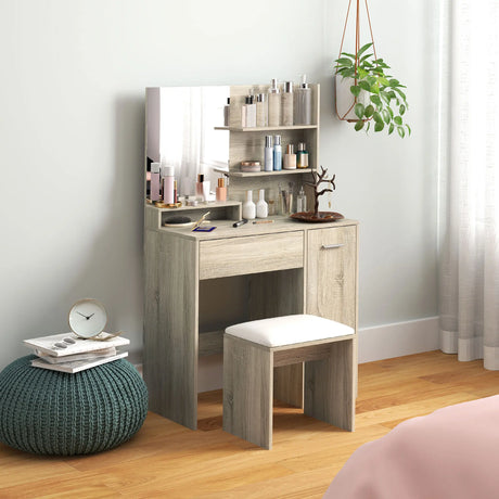 HOMCOM Dressing Table and Stool Set, with Storage - Wood-Effect