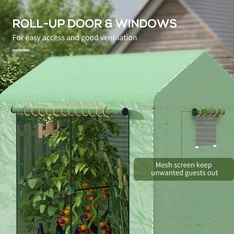 Outsunny Greenhouse, Walk-in Garden Grow House with Roll-up Door and Mesh Windows, 200 x 140 x 200cm, Green