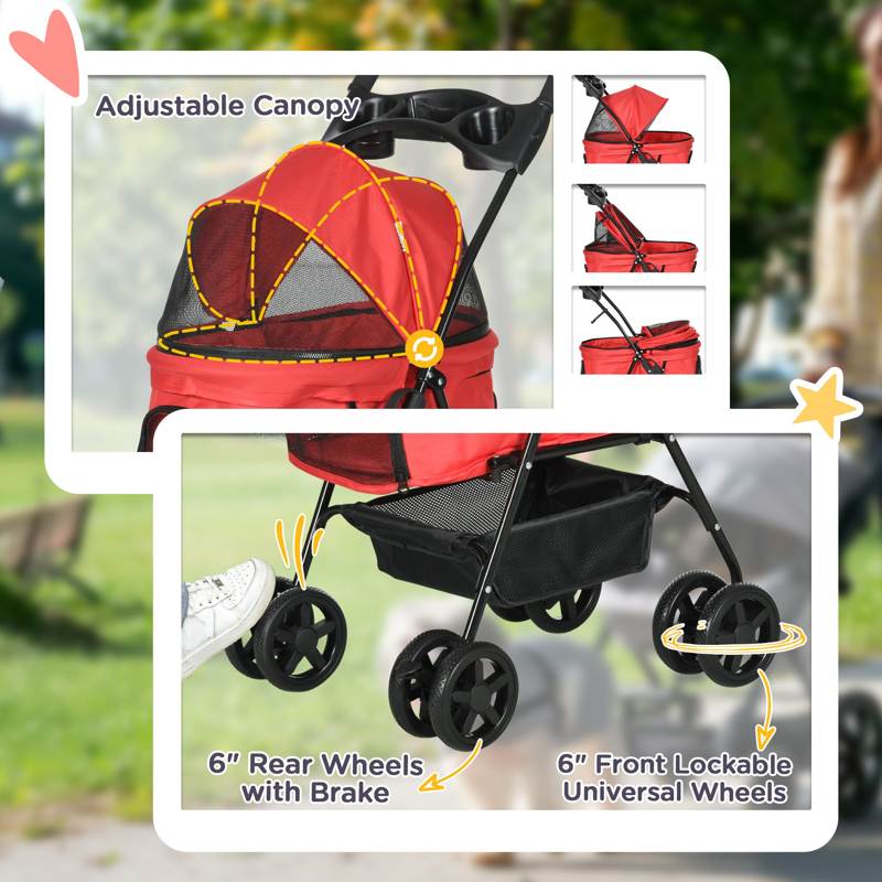 PawHut Dog Pram Dog Stroller Foldable Pet Pushchair with 4 Wheels, Safety Leashes, Cup Holder for Small Dogs, Red