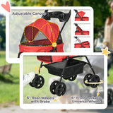 PawHut Dog Pram Dog Stroller Foldable Pet Pushchair with 4 Wheels, Safety Leashes, Cup Holder for Small Dogs, Red