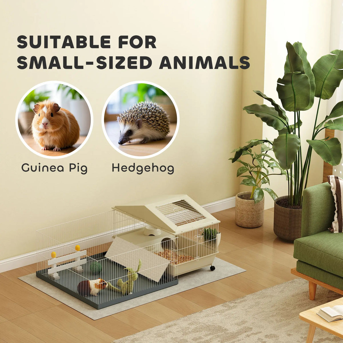 PawHut Small Animal Cage with Removable Pet Playpen, Guinea Pig Cage with Waterproof Pad, Hay Feeder, 108 x 71 x 57cm, Beige