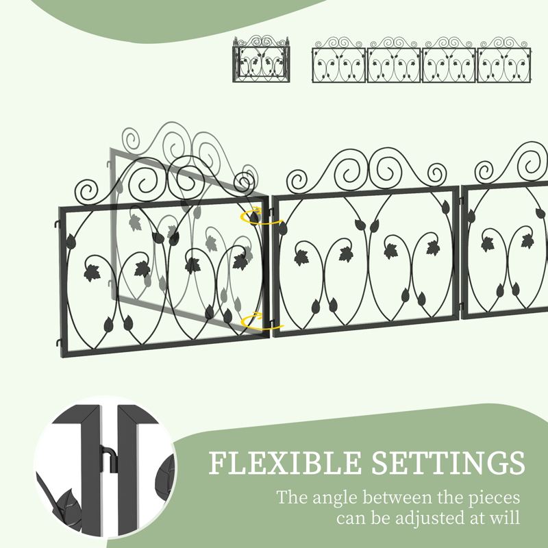 Outsunny Set of Four 57cm Leaf Scroll Metal Fence Panels - Black