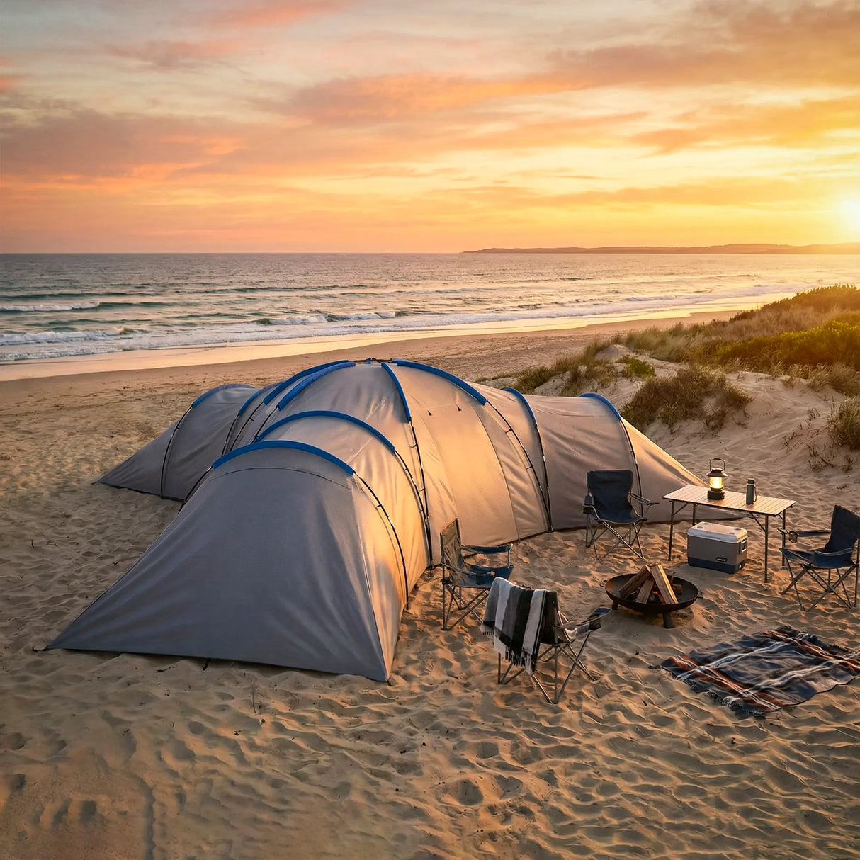 Outsunny 6-9 Man Large Tunnel Tent with 3 Bedrooms, Living Area and Porch, Stand-up Camping Tent, Portable with Bag, Light Grey