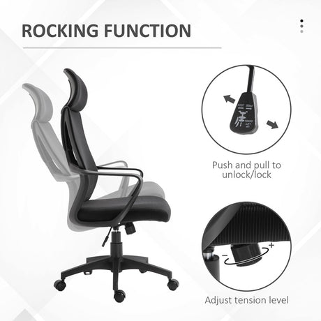 Vinsetto Ergonomic Office Chair, High Back Computer Chair, Mesh Desk Chair with Lumbar Support, Headrest, Wheel, Adjustable Height, Black