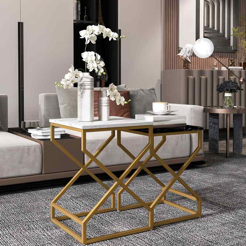 HOMCOM Set of Two Marble-Effect Nesting Tables