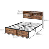 HOMCOM Industrial King Bed Frame, 5.2FT Steel Bed Base with Storage Headboard, Footboard, Slatted Support and Under Bed Storage, 158 x 222cm, Rustic Brown