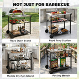 Outsunny Outdoor Grill Cart with Stainless Steel Tabletop for Kitchen Prep, Two-Tier Pizza Oven Stand on Wheels, Black