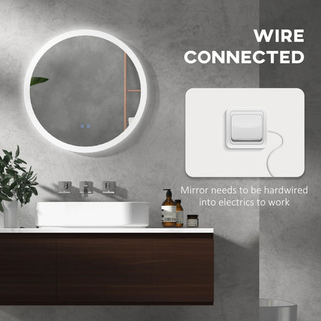 kleankin Round Bathroom Mirror with LED Lights, Wall-Mounted Dimmable Makeup Mirror with 3 Temperature Colours, Defogging Film, Memory Function, Hardwired, 60 x 60 cm