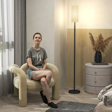 HOMCOM Floor Lamp for Living Room, Modern Standing Lamp with Linen Shade & Foot Switch, Minimalist Tall Pole Lampshade for Bedroom, Office, White