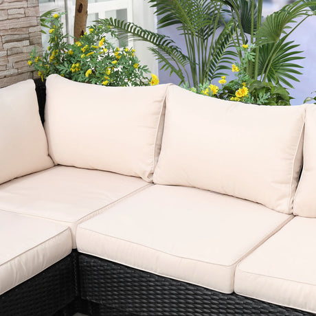 Outsunny 4 PCs Rattan Garden Furniture Outdoor Sectional Corner Sofa and Coffee Table Set  Conservatory Wicker Weave Furniture with Armrest and Cushions - Black