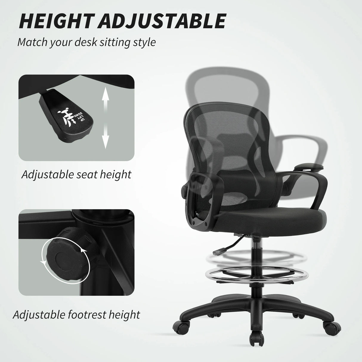 Vinsetto Drafting Chair with Adjustable Footrest, Ergonomic Mesh Office Chair with Lumbar Support, Adjustable Height for Standing Desk, Black