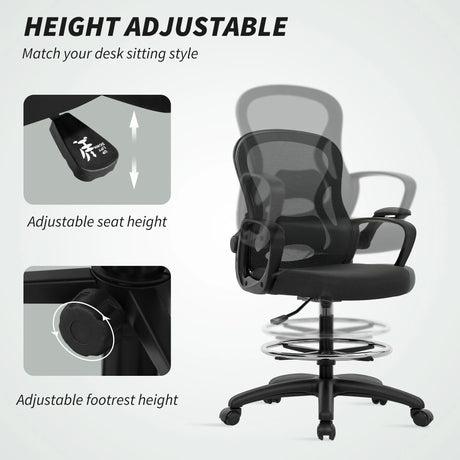 Vinsetto Drafting Chair with Adjustable Footrest, Ergonomic Mesh Office Chair with Lumbar Support, Adjustable Height for Standing Desk, Black